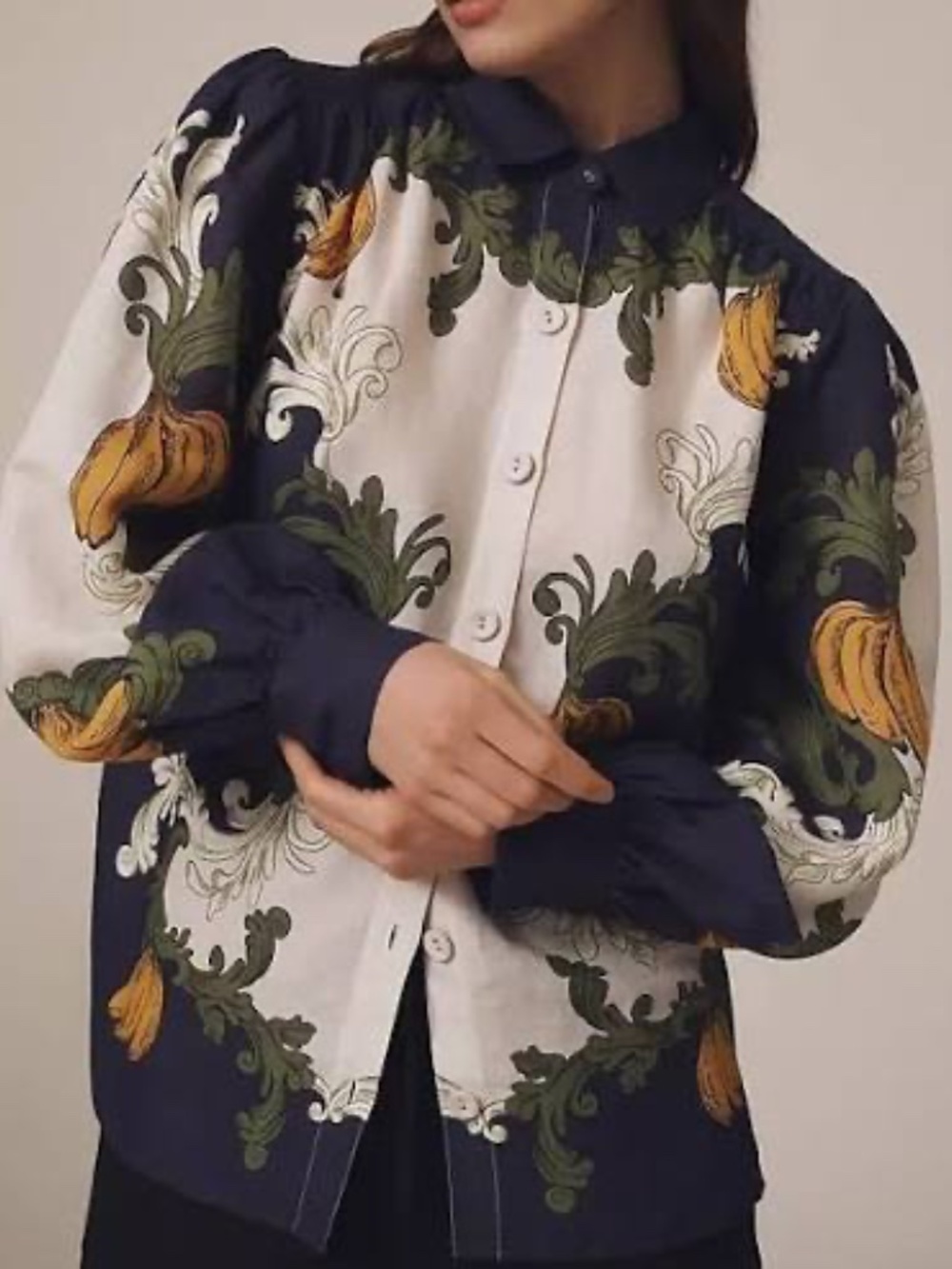 Farm Rio x Anthropologie Puff-Sleeve Printed Buttondown Blouse -SMALL - Picture 2 of 11